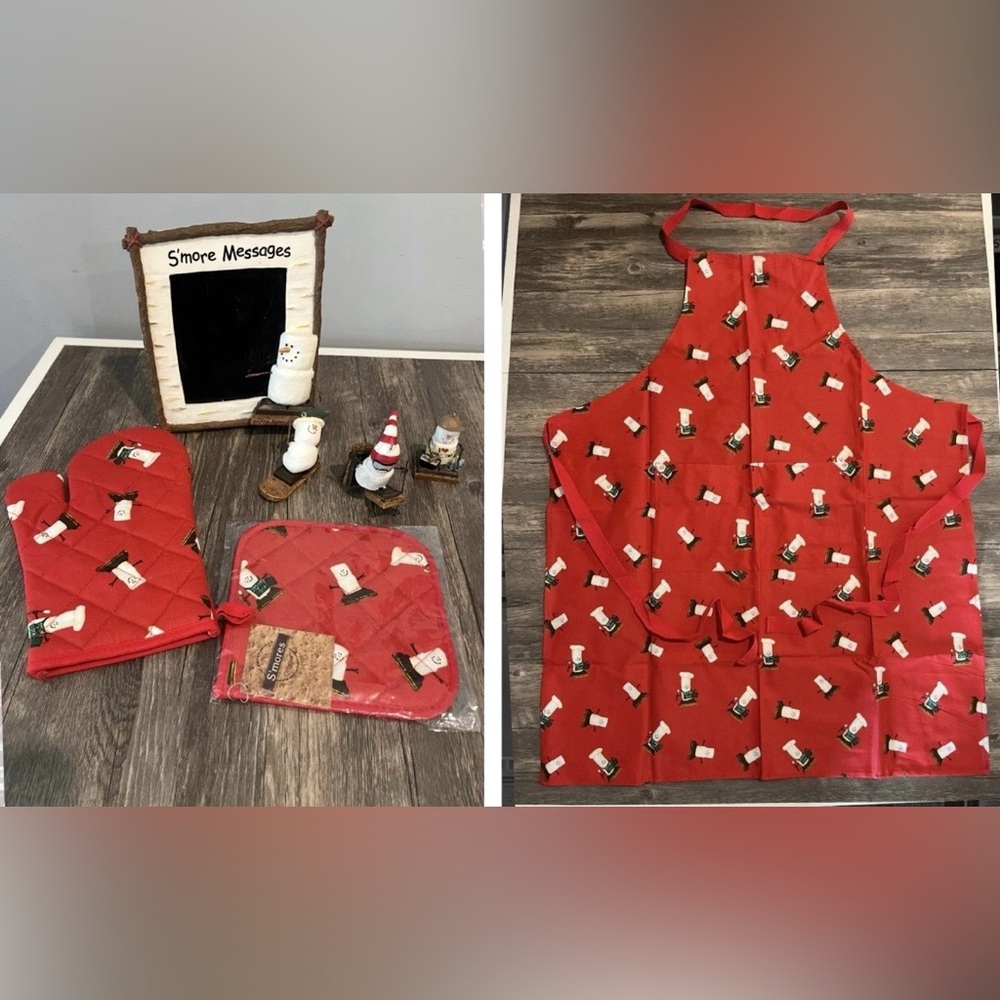 7 Piece Midwest S’Mores Ornament Apron Oven Mit Pot Holder Chalkboard Bundle